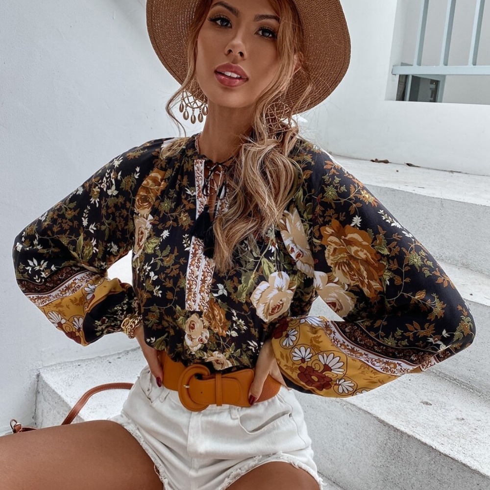 floral boho neck tie tassel balloon sleeve top - Picture 3 of 7